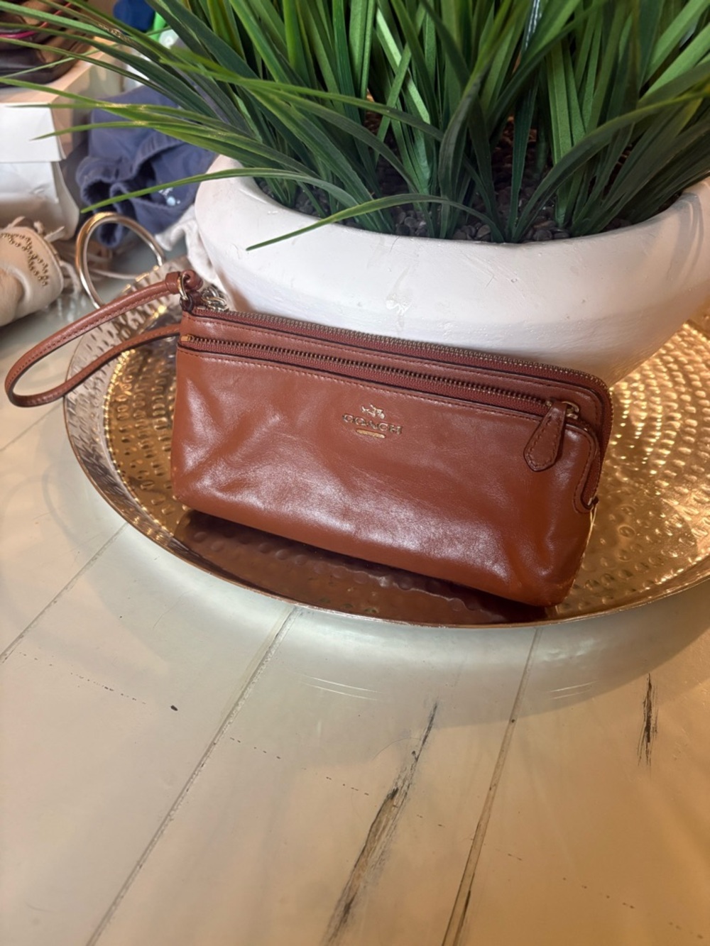 Coach Chestnut Leather Zip Wristlet with Gold Logo